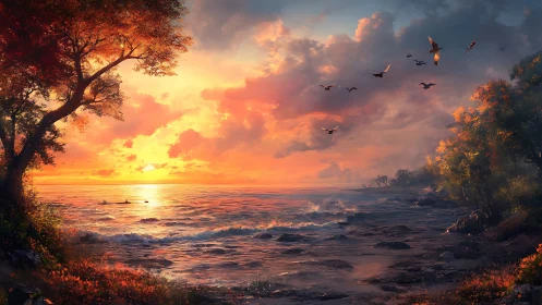 Sunset shoreline with kayaks under glowing autumn sky.