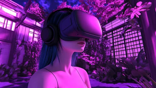 Neon VR immersion in synthetic zen courtyard environment.