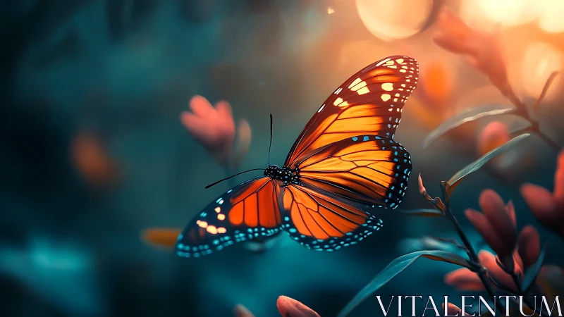 Gentle monarch butterfly drifting through twilight blooms.