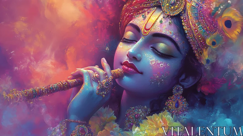 Chromatic deity portrait with jeweled flute and spectral haze.