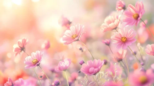 Soft pink cosmos flowers in warm pastel daylight field.
