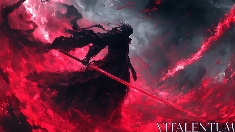 Crimson warrior stands calm within a raging storm of fire