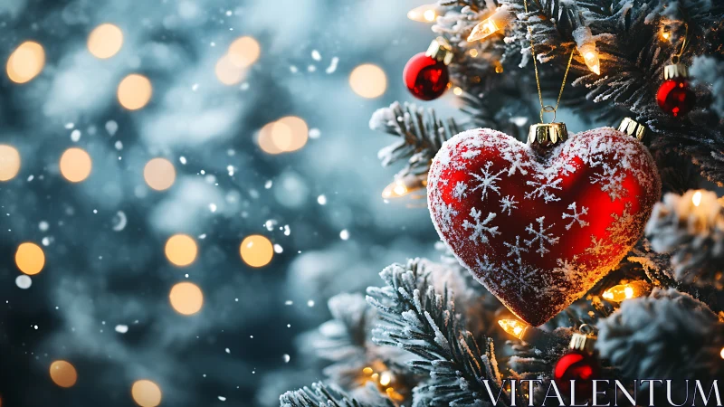 Red heart ornament with snowflakes on frosted Christmas tree.