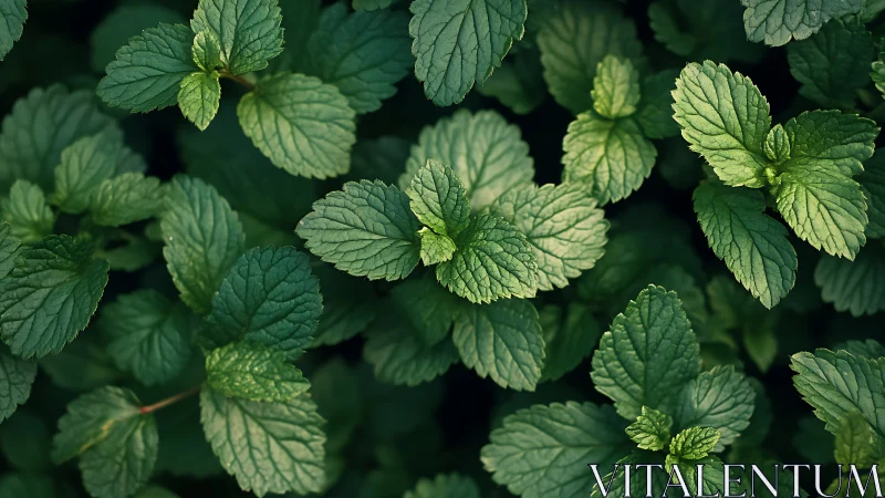 Overhead macro study of mint foliage with directional side lighting
