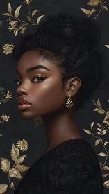 Elegant side portrait of woman with gold floral background.