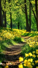 Spring woodland trail lined with yellow daffodils in soft bokeh