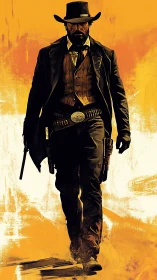Grim cowboy gunslinger walking forward in orange light.