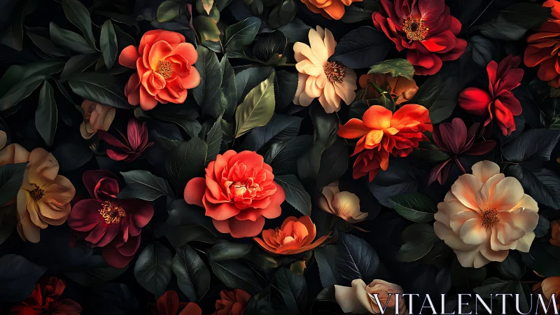 Illuminated full-bloom peonies and roses arranged densely on dark foliage.