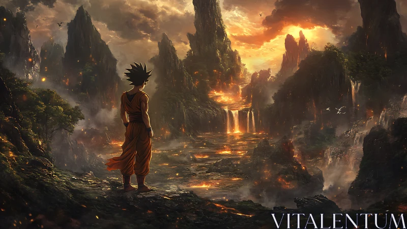 Lone warrior watching a molten valley of falling fire.