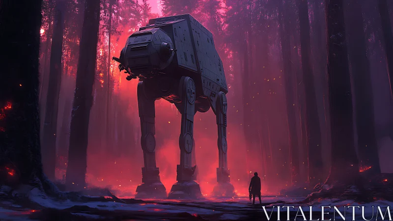 Colossal quadruped mech confronts lone figure in burning forest