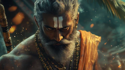 Hyperreal ascetic warrior portrait with blazing gaze focus.