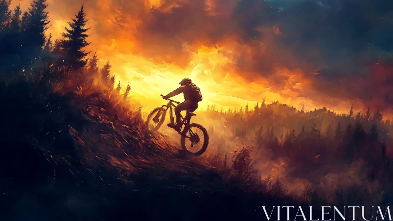 Mountain biker performs aerial maneuver against dramatic sunset background.