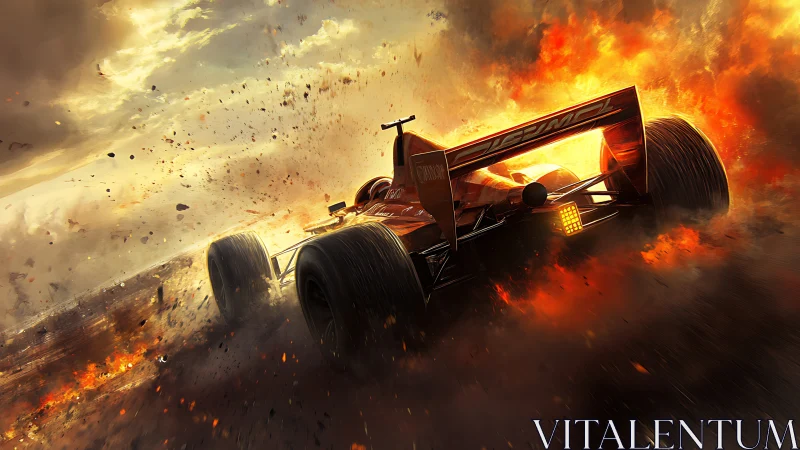 High-speed formula car cuts through explosive fiery debris field