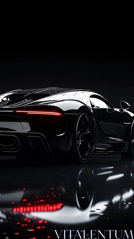 Ultragloss black hypercar rear view with rain-soaked bodywork