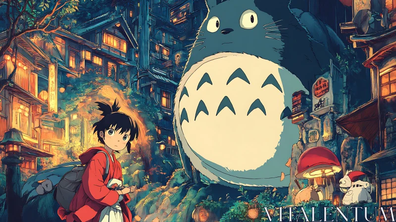 Anime girl and forest spirit meet in lantern-lit fantasy cityscape.