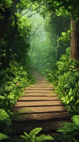 Wooden boardwalk through lush green forest canopy