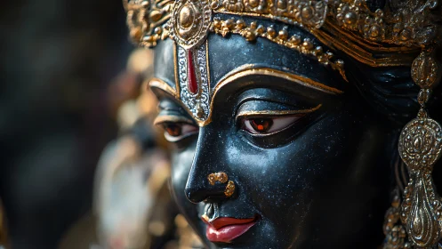 Gently lit deity statue glows with intricate golden detail