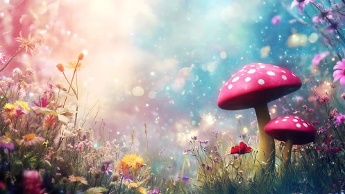 Digital mushroom meadow scene depicts stylized forest floor
