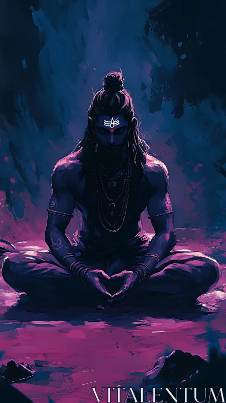 Seated figure in meditative posture under low cool lighting