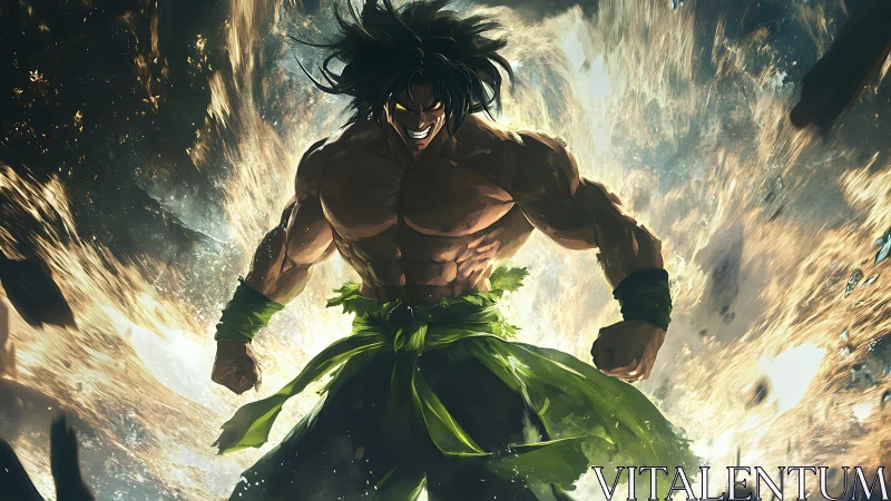 Raging warrior shreds the sky with emerald storm power