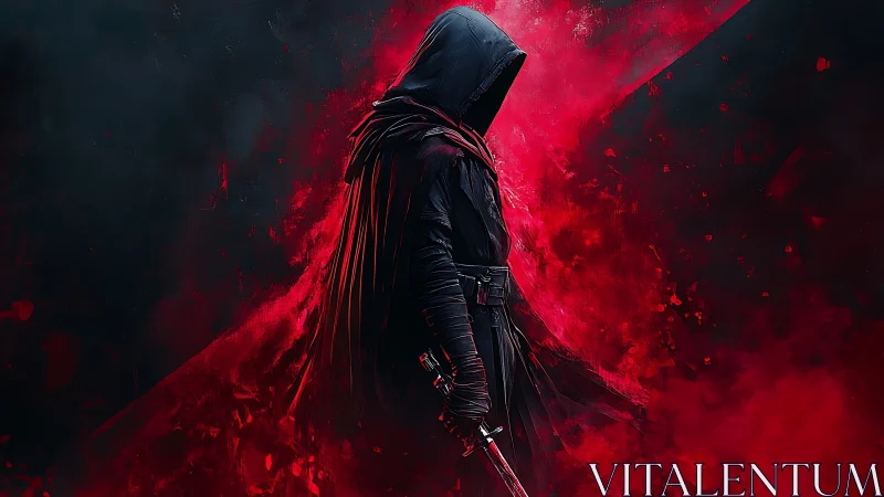 Hooded dark warrior with sword in red smoke storm.