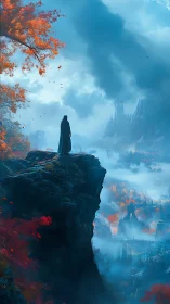 Cloaked wanderer surveys misty valley and distant citadel