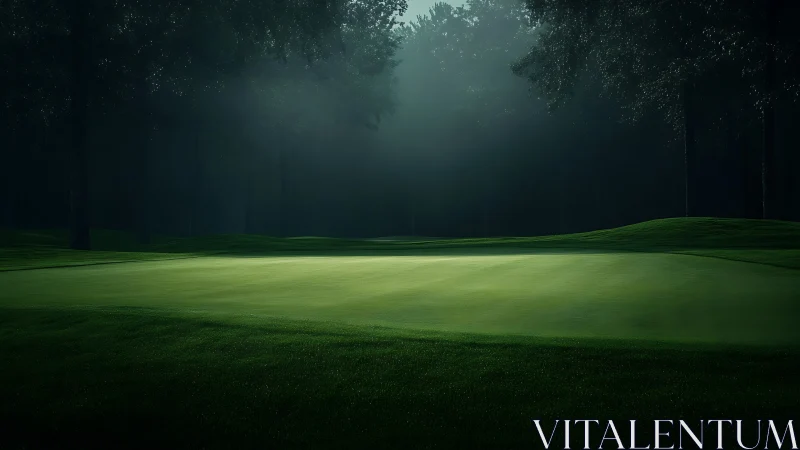 Low-angle morning light models a golf green amid dense forest