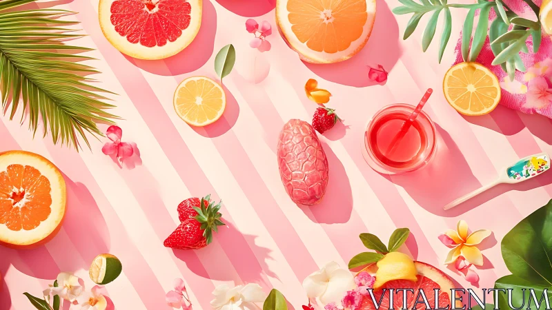 Vibrant tropical flat lay with citrus, florals, and glassware.