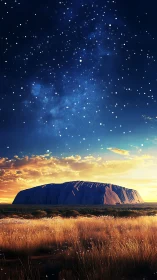 Starry desert night sky above lone sandstone monolith.