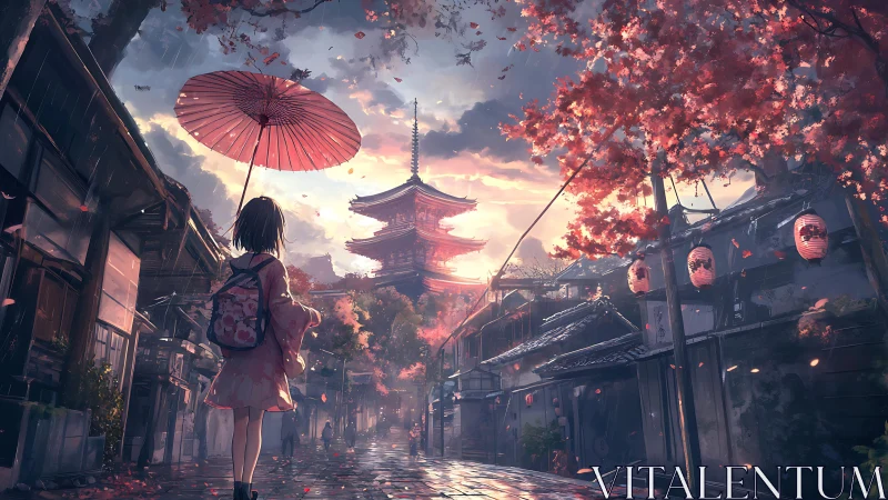 Girl under red umbrella in autumn Kyoto street at dusk.