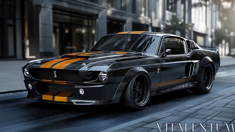 Midnight muscle car gliding through a quiet city street.