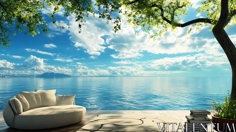 Curved outdoor sofa faces calm ocean under leafy tree shade