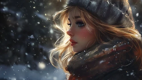 Profile view of young woman in snowy outdoor environment.