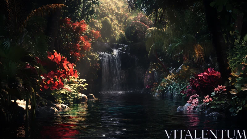 Dense tropical waterfall pool framed by lush foliage