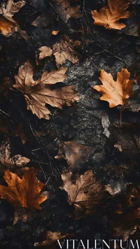 Dry brown maple leaves scattered on dark forest ground.