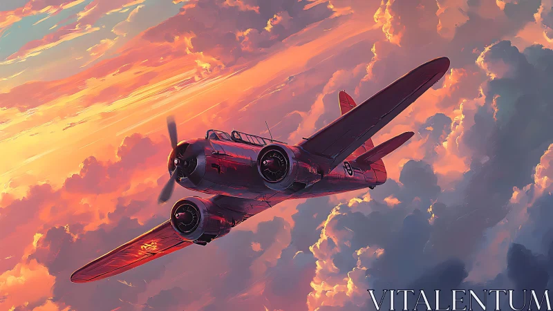 Twin‑engine propeller aircraft in sunset cloudscape scene.