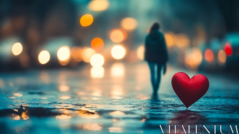 Red Heart Symbol Positioned in Shallow Water with Silhouetted Figure and Bokeh Lighting