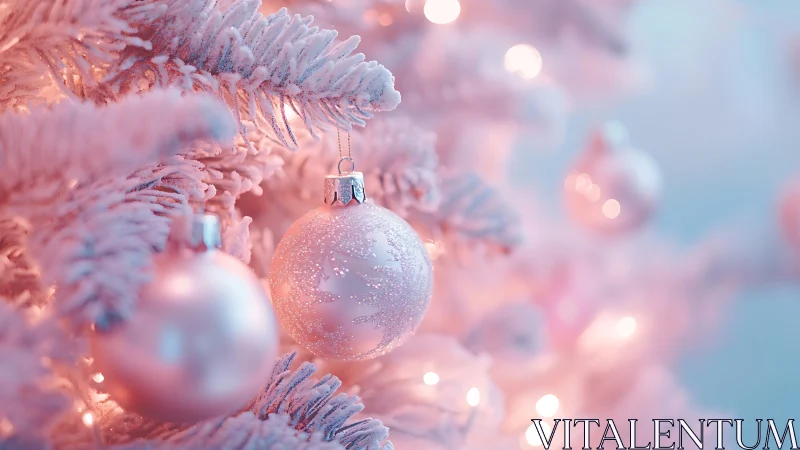 Shallow depth captures frosted pastel ornaments on illuminated tree