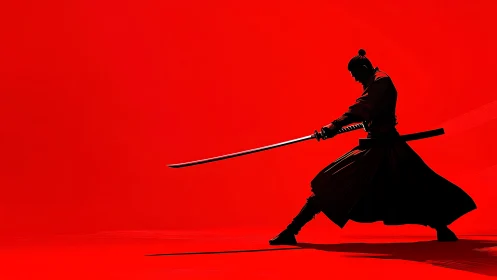 Poised samurai silhouette holds a shining katana in red calm