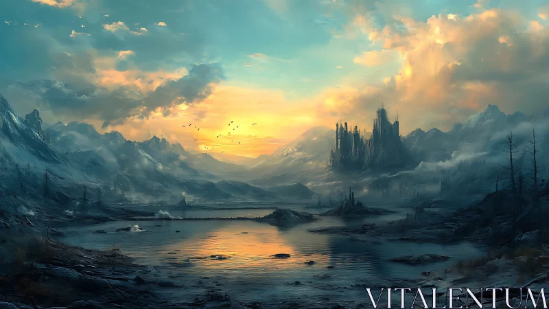 Epic citadel dominates misty glacial valley at sunrise.