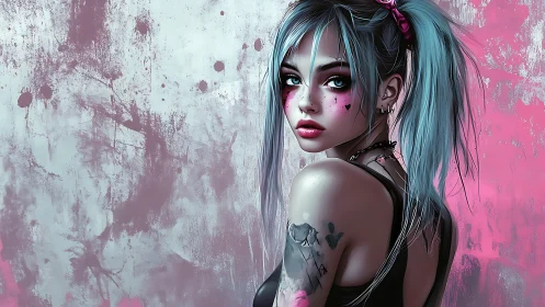 Digital painting portrait with punk neon palette and splatter wall.