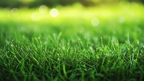 Close-up of vibrant green grass in sunlight, natural bokeh effect.