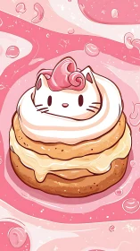 Anthropomorphic Cat Cupcake Illustration with Pink Swirled Frosting.