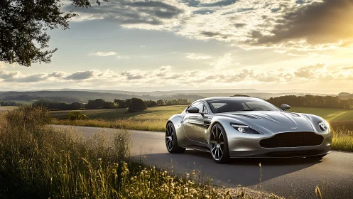 Silver sports car glides through a sunlit country road.