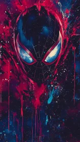 Abstract neon spider mask dissolves into cosmic splatter field