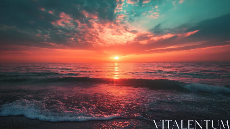 Neon grade seascape sunset with low waves and tinted clouds