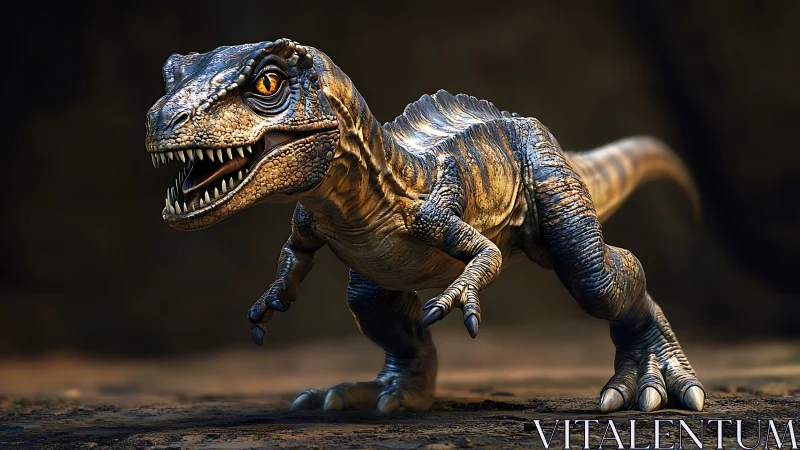 Dinosaur stands on rocky ground with detailed textured skin