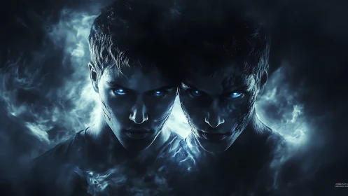 Two blue-eyed male figures emerge symmetrically from dark mist