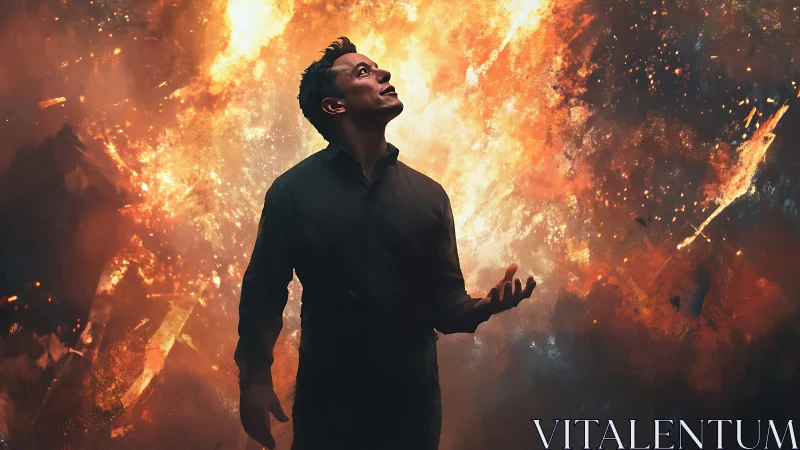 Fiery sky erupts as a calm figure welcomes the storm