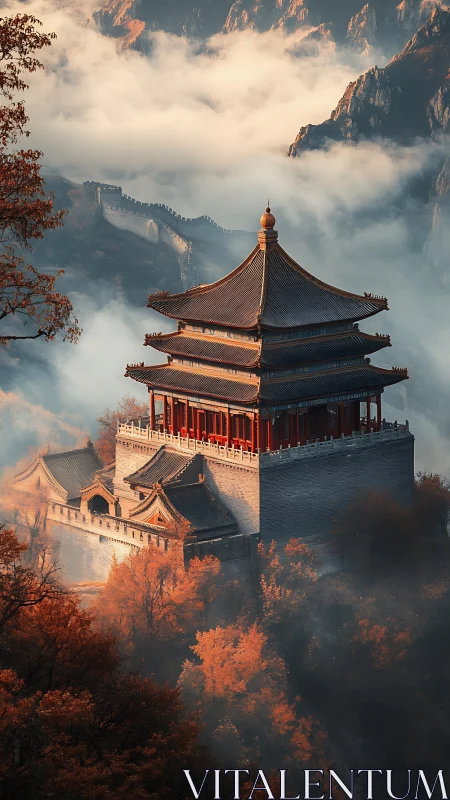 Misty mountain watchtower on Great Wall with autumn foliage glow